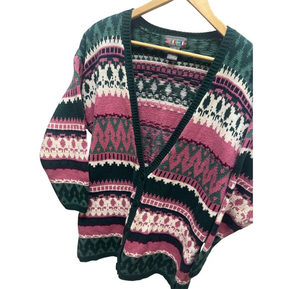 Paris Sport Club Vintage 90's Green & Pink Fair Isle Cardigan - Picture 1 of 7